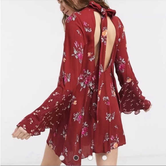 NWT Free People Women's Maroon Red Floral Vintage Combo Long Sleeve Dress Medium - Picture 2 of 12